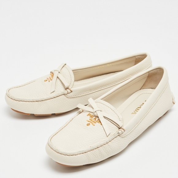 Prada Cream Leather Bow Slip On Loafers - Picture 1 of 10